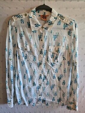 Tory Burch White Button-Up Shirt with Teal Lobster Print 100% Cotton Size 12